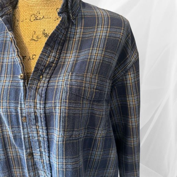 Blue/White/Yellow Accents - Vintage Flannel Shirt - Button Down w/ Collar - L - Picture 4 of 6
